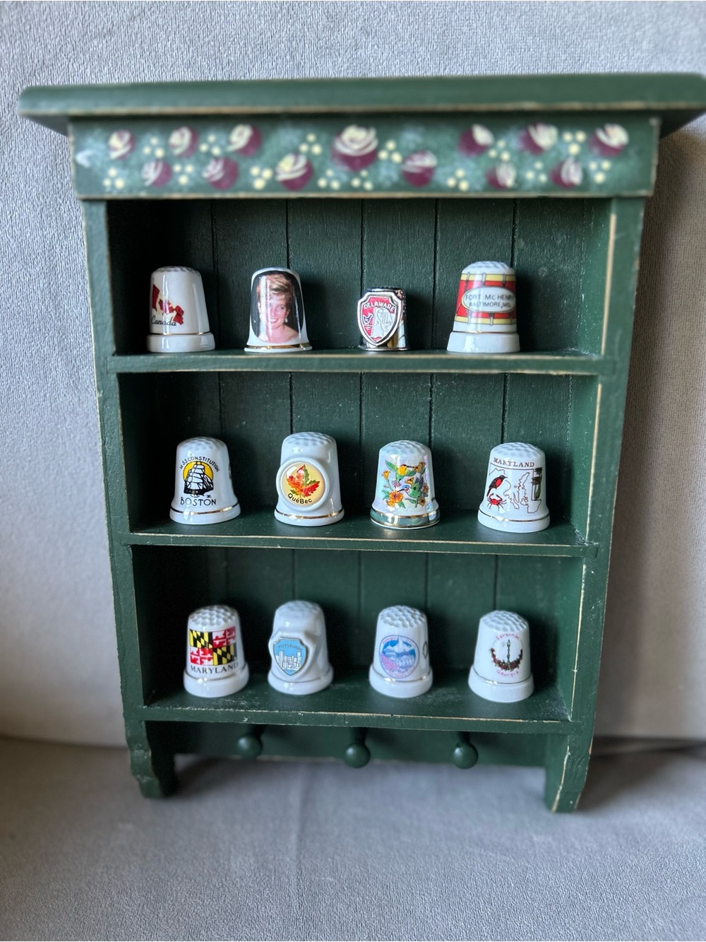 Vintage Cottagecore Wood Trinket Shelf with Princess Diana thimble & cities lot